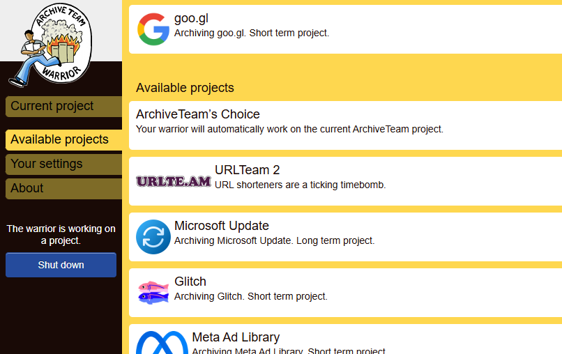 a screenshot of the warrior's interface with a list of currently available projects